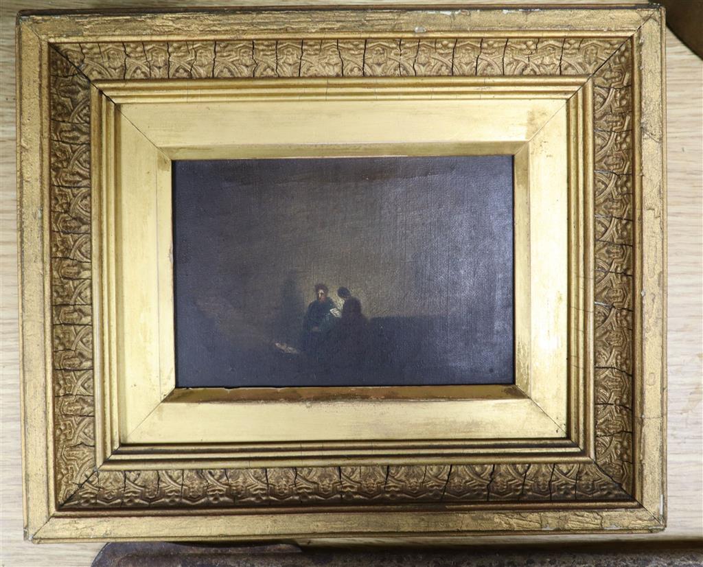After Rembrandt, oil on canvas, Candlelit figures, 9 x 14cm